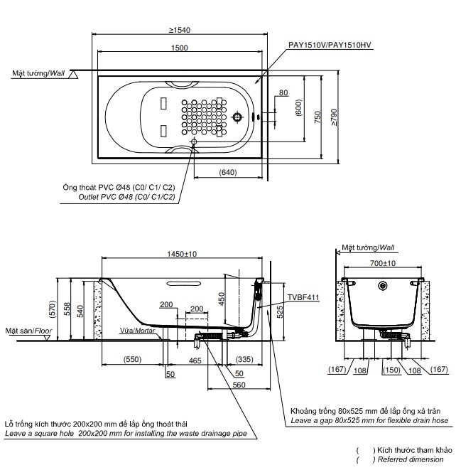 Bồn tắm TOTO PAY1510HV kèm bộ xả TVBF411 - 5
