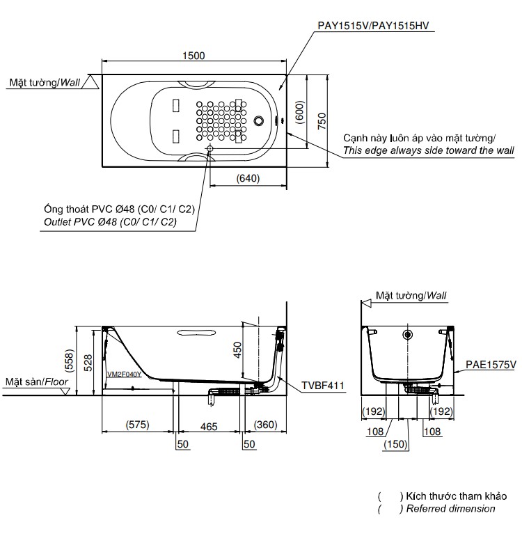 Bồn tắm yếm TOTO PAY1515HVC kèm bộ xả TVBF411 - 5