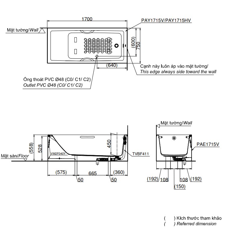 Bồn tắm yếm TOTO PAY1715HVC kèm bộ xả TVBF411 - 5