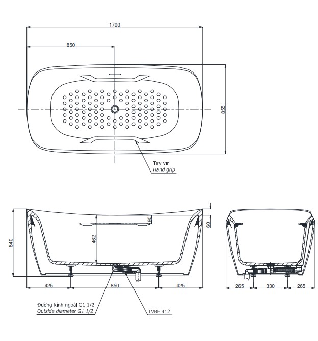 Bồn tắm đặt sàn TOTO PJY1734PWEN-GW kèm bộ xả TVBF412 - 3