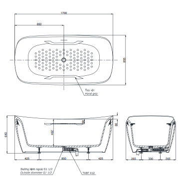 Bồn tắm đặt sàn TOTO PJY1734PWEN-MW kèm bộ xả TVBF412 - 3
