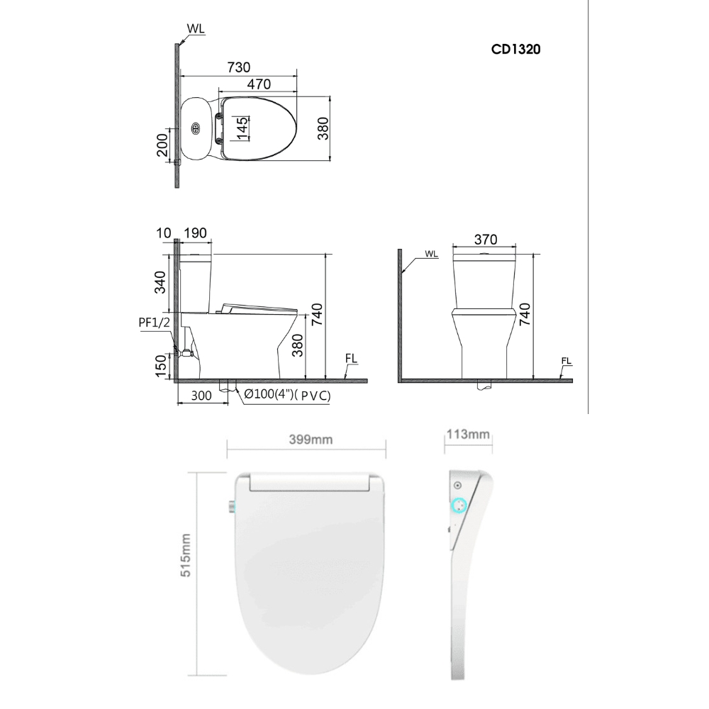 Bồn cầu 2 khối nắp điện tử Caesar CD1320 + TAF512H CD1320+TAF512H - 2