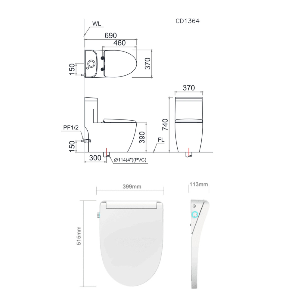 Bồn cầu 2 khối nắp điện tử Caesar CD1340 + TAF512H CD1340+TAF512H - 2