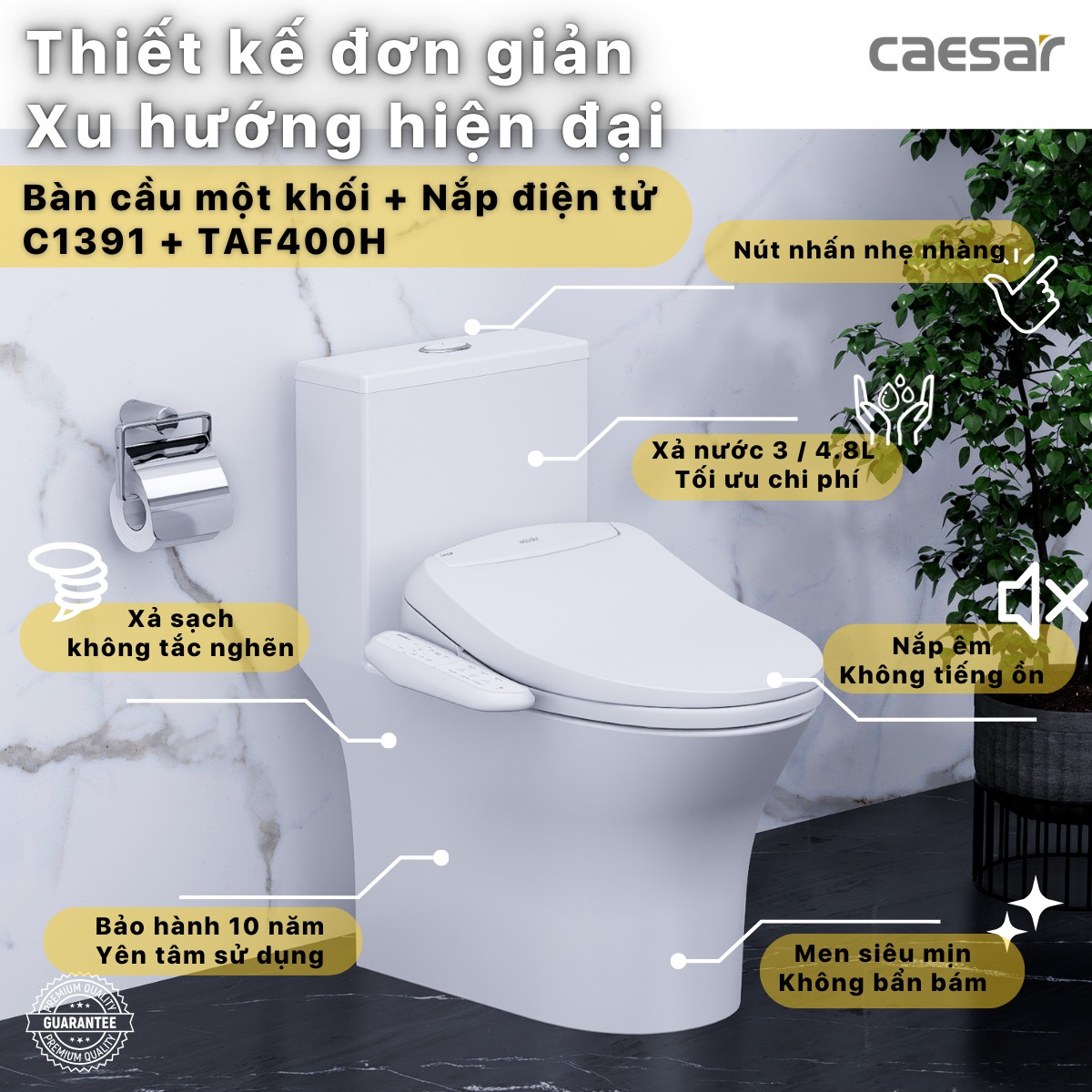 Bồn cầu 1 khối nắp điện tử Caesar C1391F + TAF400H (C1391+TAF400H) C1391+TAF400H - 2
