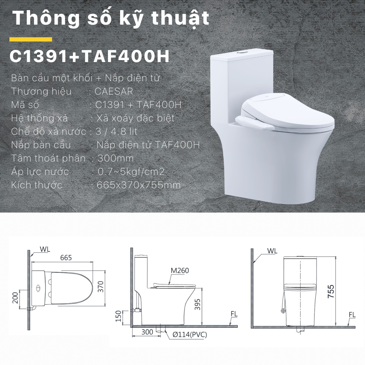 Bồn cầu 1 khối CAESAR C1391 kèm nắp TAF400H - 17