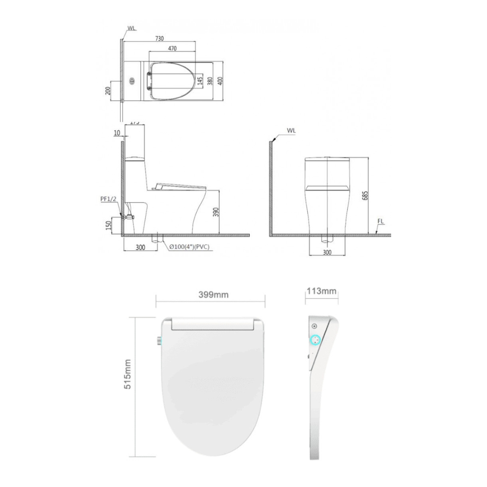 Bồn cầu 1 khối nắp điện tử Caesar C1356F + TAF512H (CD1356+TAF512H) CD1356+TAF512H - 2