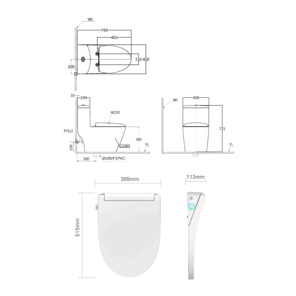 Bồn cầu 1 khối nắp điện tử Caesar C1363F + TAF512H (CD1363+TAF512H) CD1363+TAF512H - 2