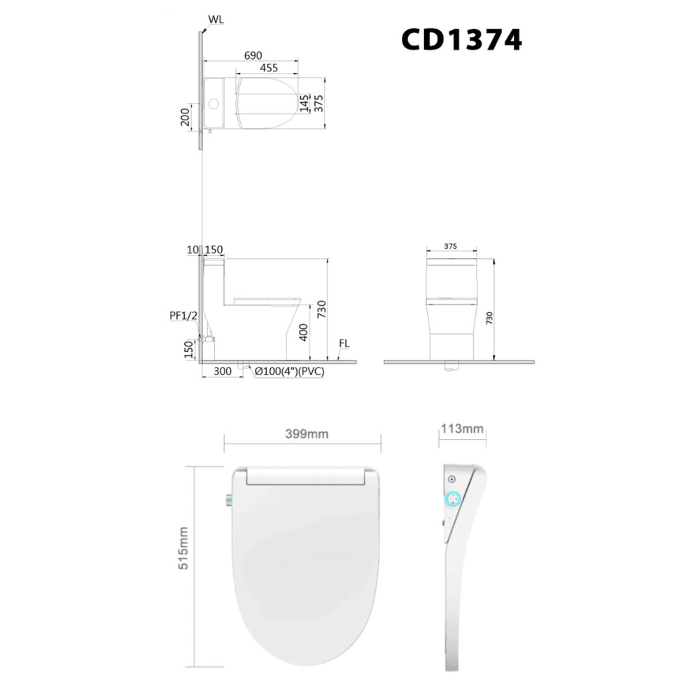 Bồn cầu 1 khối nắp điện tử Caesar C1374F + TAF512H (CD1374+TAF512H) CD1374+TAF512H - 2