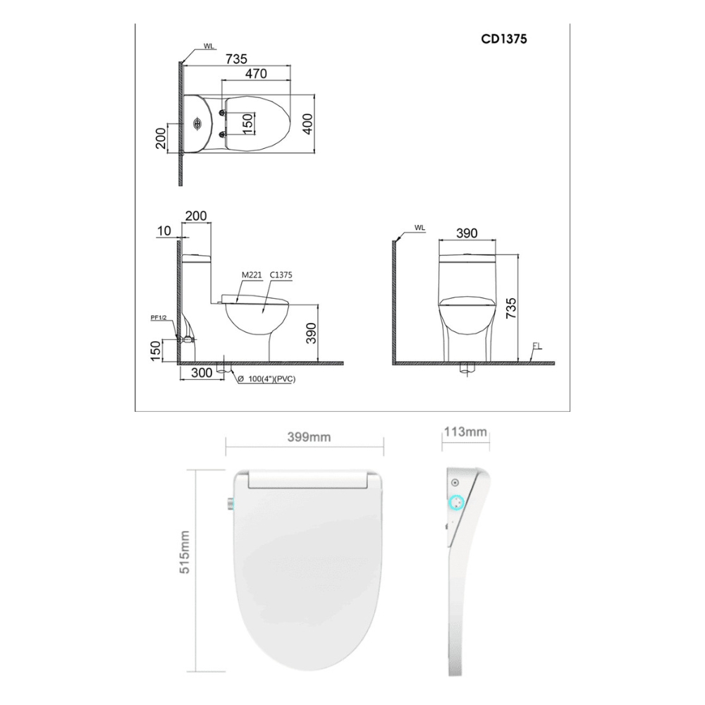 Bồn cầu 1 khối nắp điện tử Caesar C1375F + TAF512H (CD1375+TAF512H) CD1375+TAF512H - 2