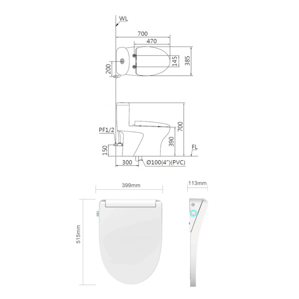 Bồn cầu 1 khối nắp điện tử Caesar C1394F + TAF512H (CD1394+TAF512H) CD1394+TAF512H - 2