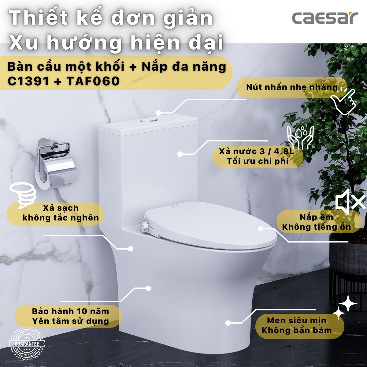 Bồn cầu 1 khối nắp rửa cơ Caesar C1391F + TAF060 (C1391 + TAF060) C1391+TAF060 - 2