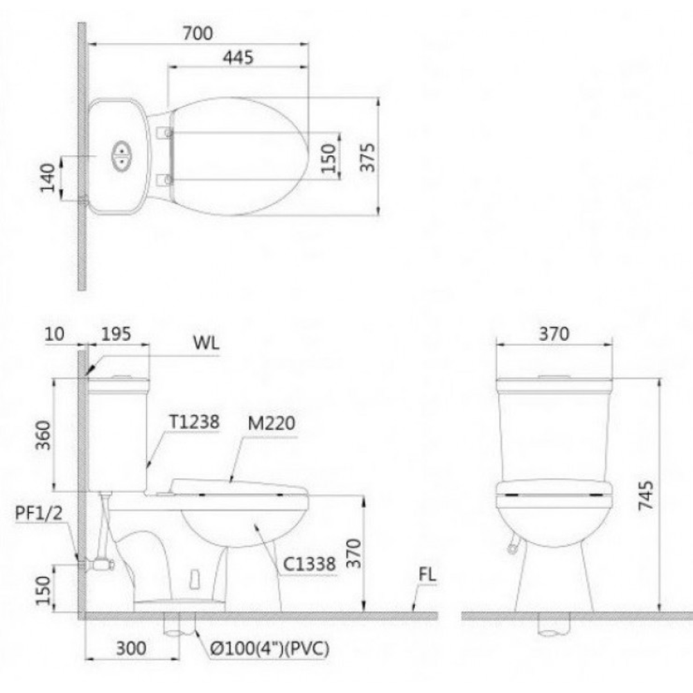Bồn cầu 2 khối nắp rửa cơ Caesar CD1338 + TAF060 CD1338+TAF060 - 2