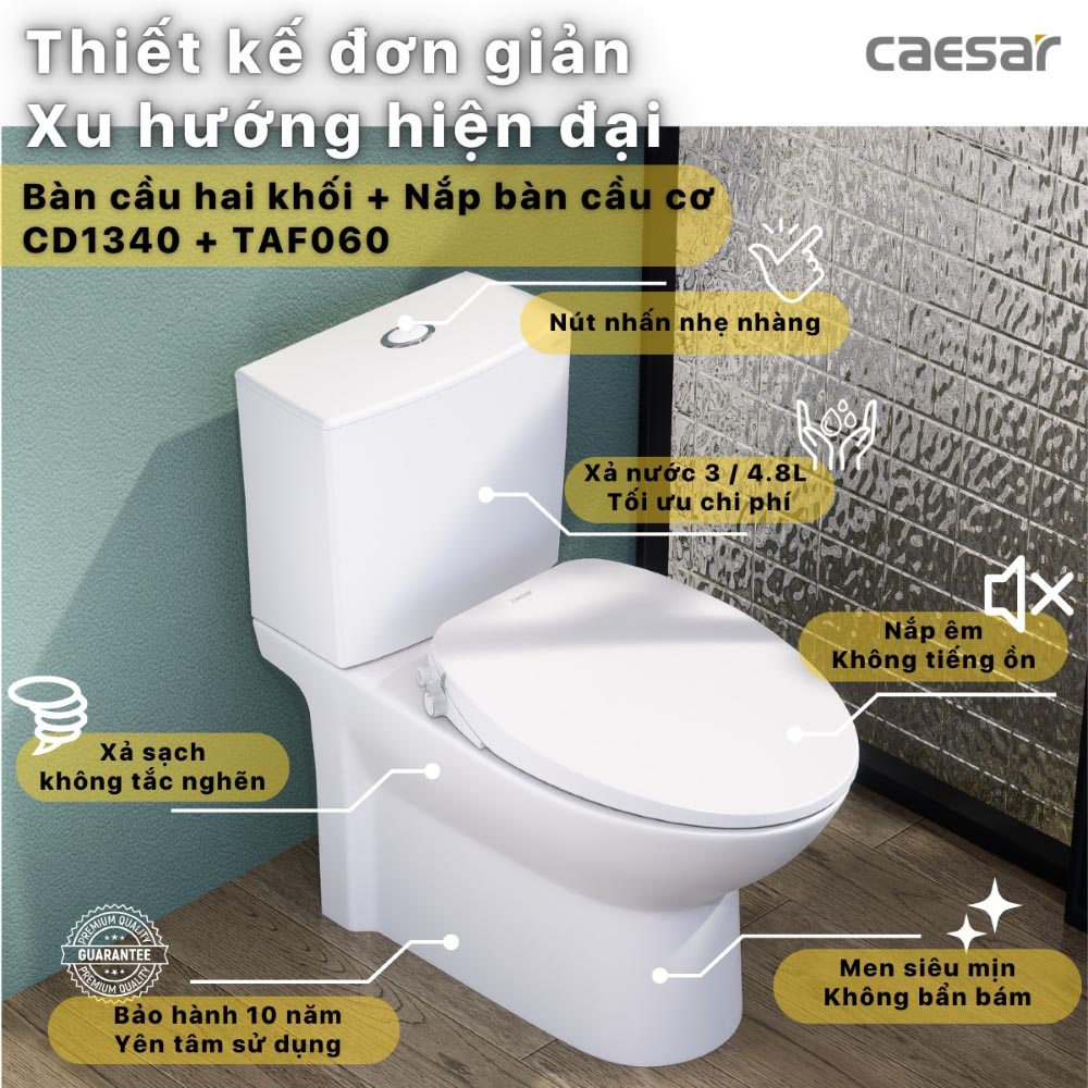 Bồn cầu 2 khối nắp rửa cơ Caesar CD1340 + TAF060 CD1340+TAF060 - 3