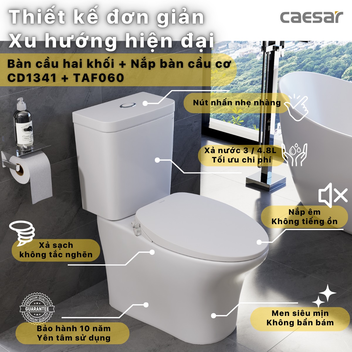 Bồn cầu 2 khối nắp rửa cơ Caesar CD1341 + TAF060 CD1341+TAF060 - 3