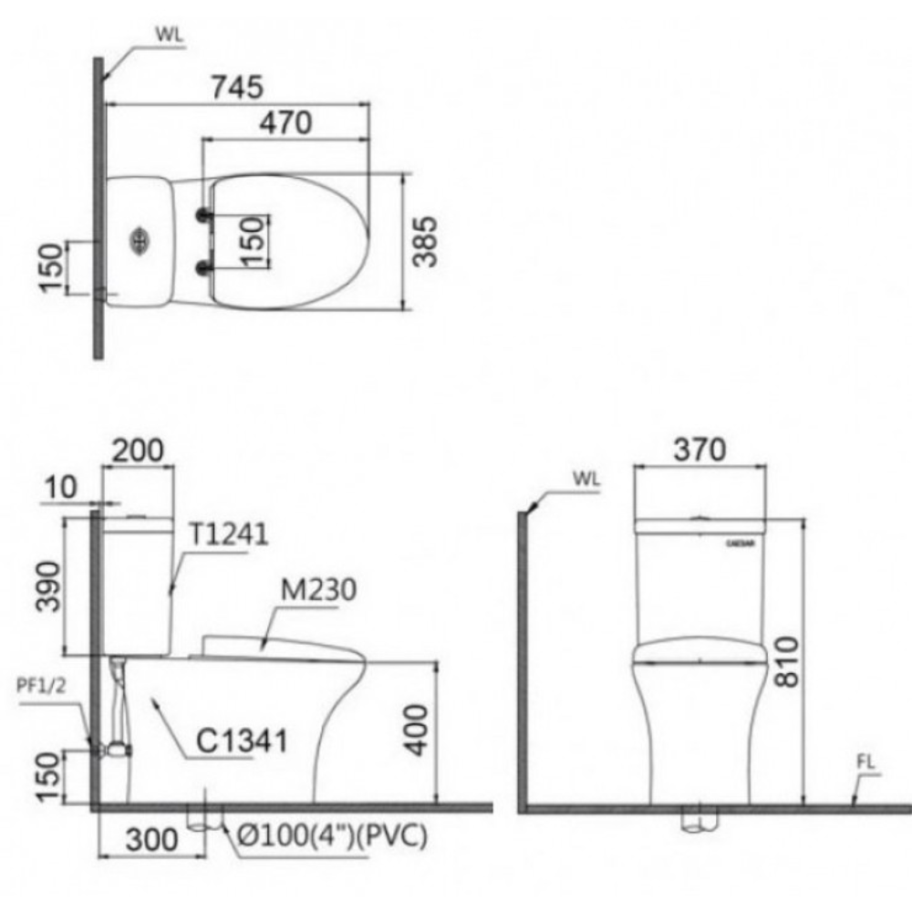 Bồn cầu 2 khối nắp rửa cơ Caesar CD1341 + TAF060 CD1341+TAF060 - 2