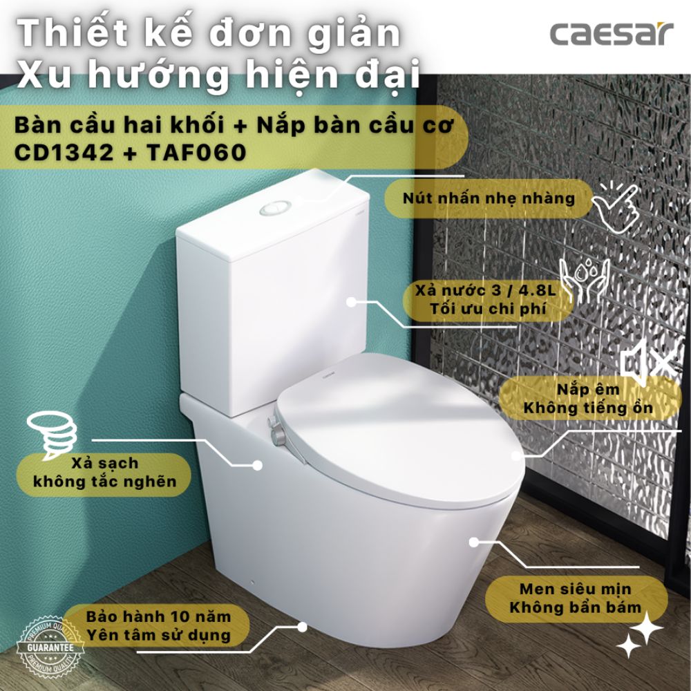 Bồn cầu 2 khối nắp rửa cơ Caesar CD1342 + TAF060 CD1342+TAF060 - 3