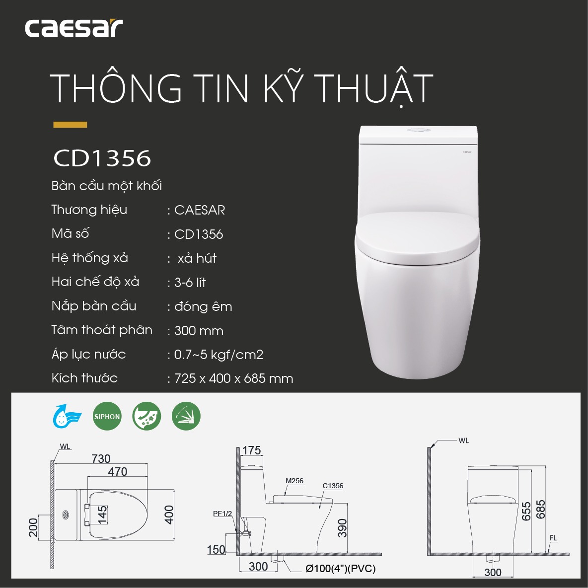 Bồn cầu 1 khối CAESAR CD1356 kèm nắp TAF060 - 10
