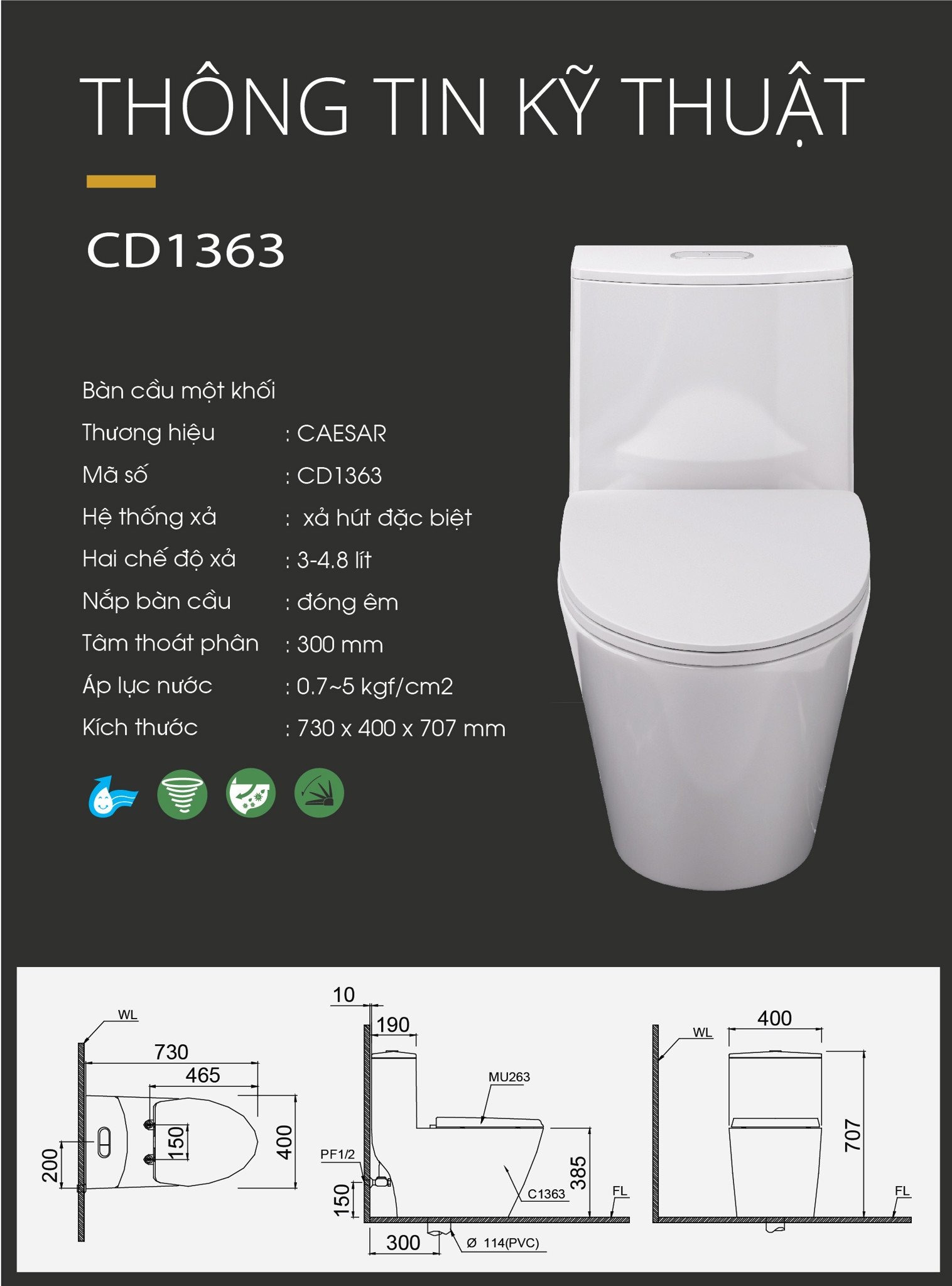 Bồn cầu 1 khối CAESAR CD1363 kèm nắp TAF060 - 10