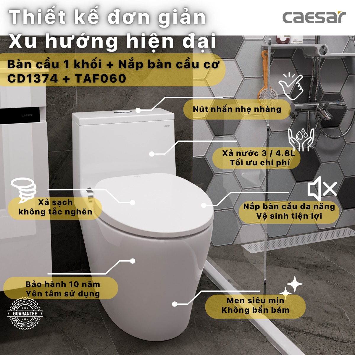 Bồn cầu 1 khối nắp rửa cơ Caesar C1374F + TAF060 (CD1374+TAF060) CD1374+TAF060 - 3