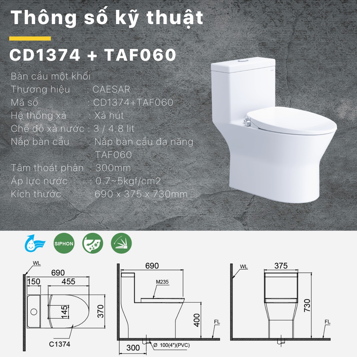 Bồn cầu 1 khối CAESAR CD1374 kèm nắp TAF060 - 7