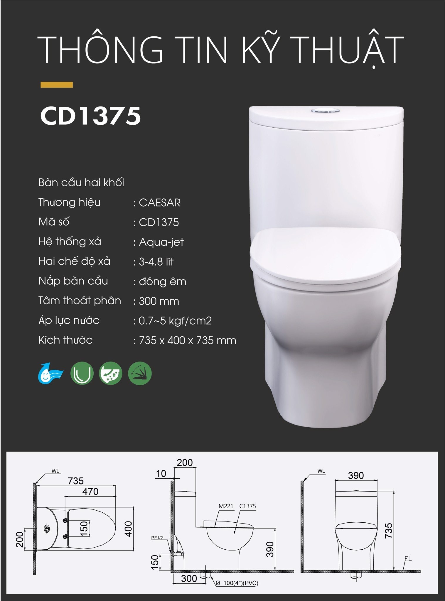 Bồn cầu 1 khối CAESAR CD1375 kèm nắp TAF060 - 10