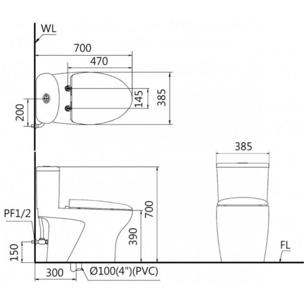 Bồn cầu 1 khối nắp rửa cơ Caesar C1394F + TAF060 (CD1394+TAF060) CD1394+TAF060 - 2