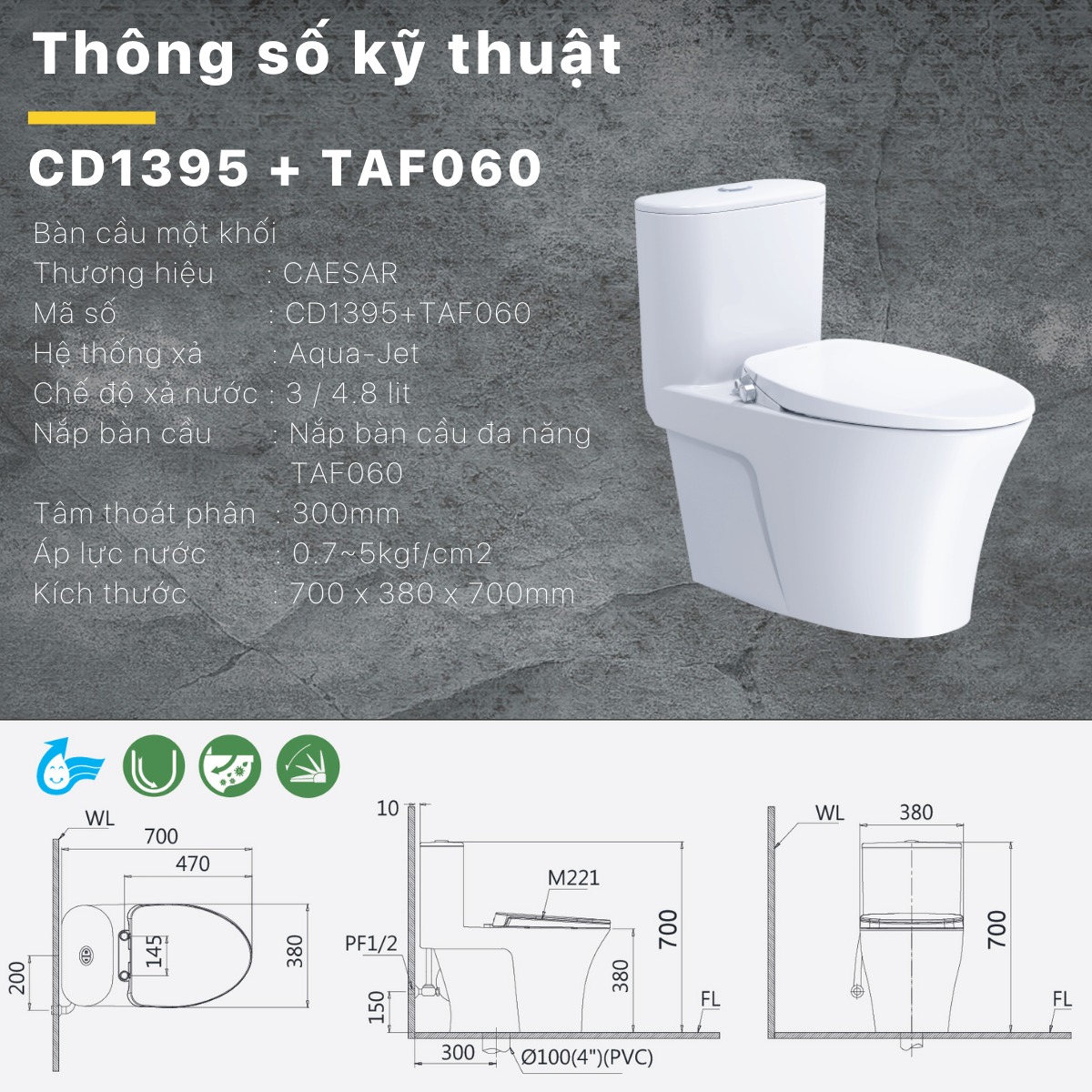 Bồn cầu 1 khối CAESAR CD1395 kèm nắp TAF060 - 18