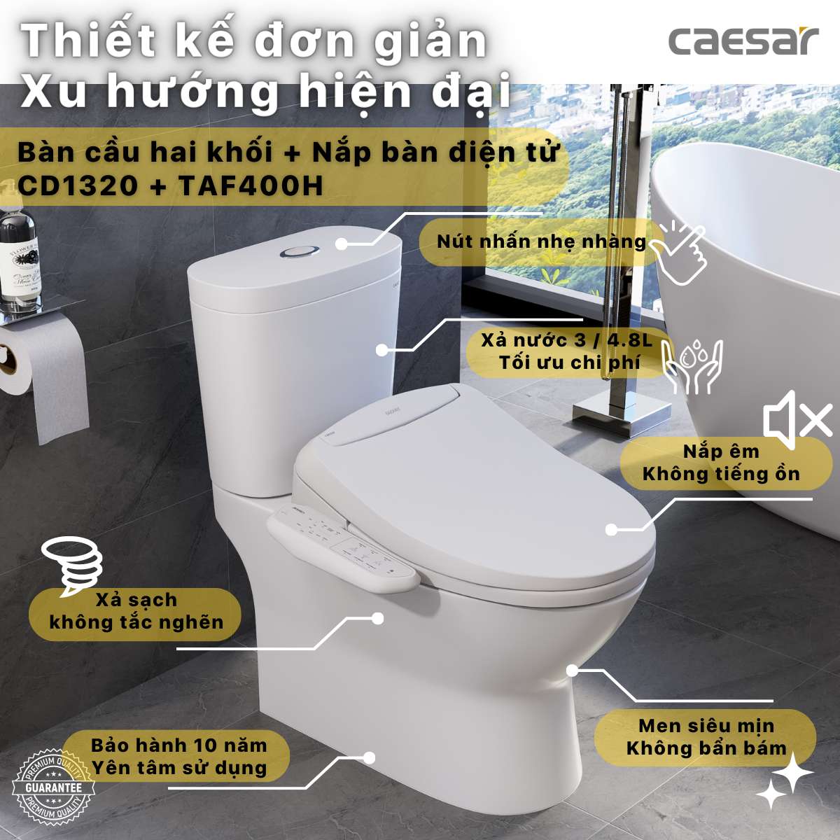 Bồn cầu 2 khối nắp điện tử Caesar CD1320 + TAF400H CD1320+TAF400H - 3