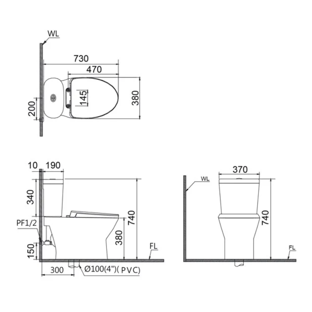 Bồn cầu 2 khối nắp điện tử Caesar CD1320 + TAF400H CD1320+TAF400H - 2