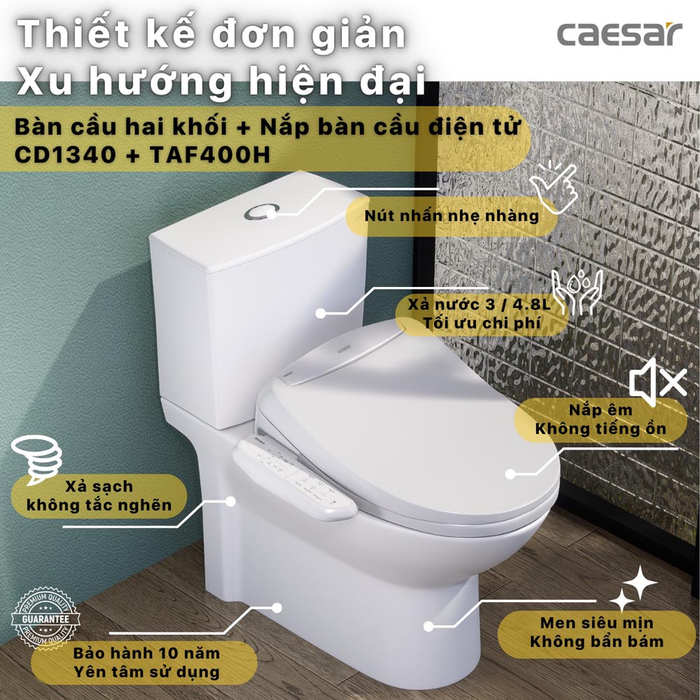 Bồn cầu 2 khối nắp điện tử Caesar CD1340 + TAF400H CD1340+TAF400H - 3
