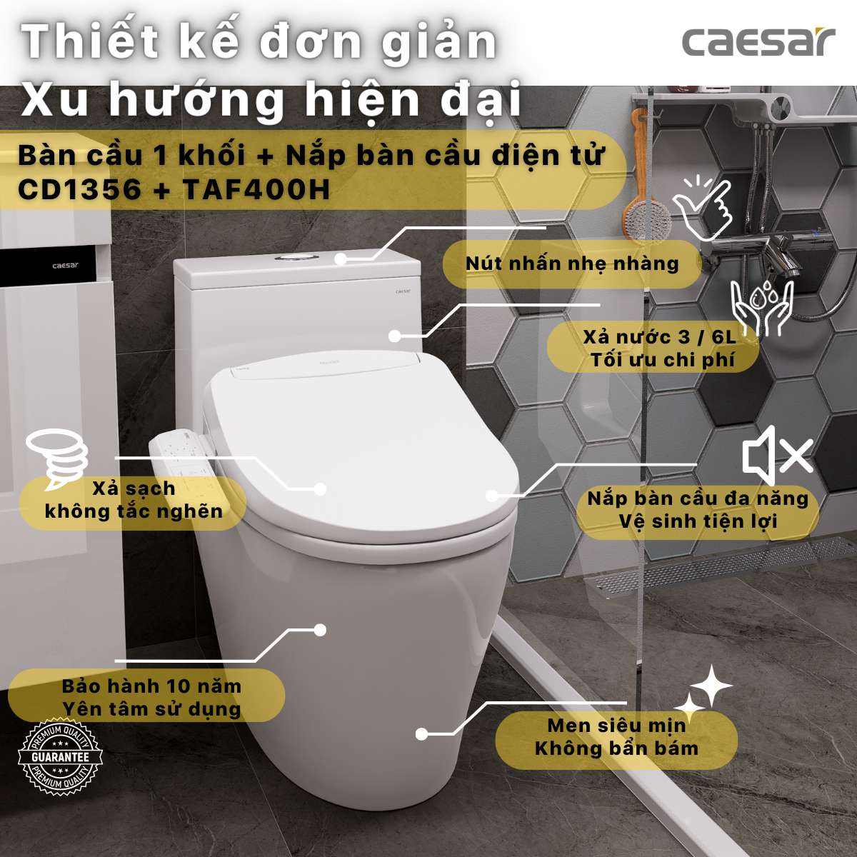 Bồn cầu 1 khối nắp điện tử Caesar C1356F + TAF400H (CD1356+TAF400H) CD1356+TAF400H - 3