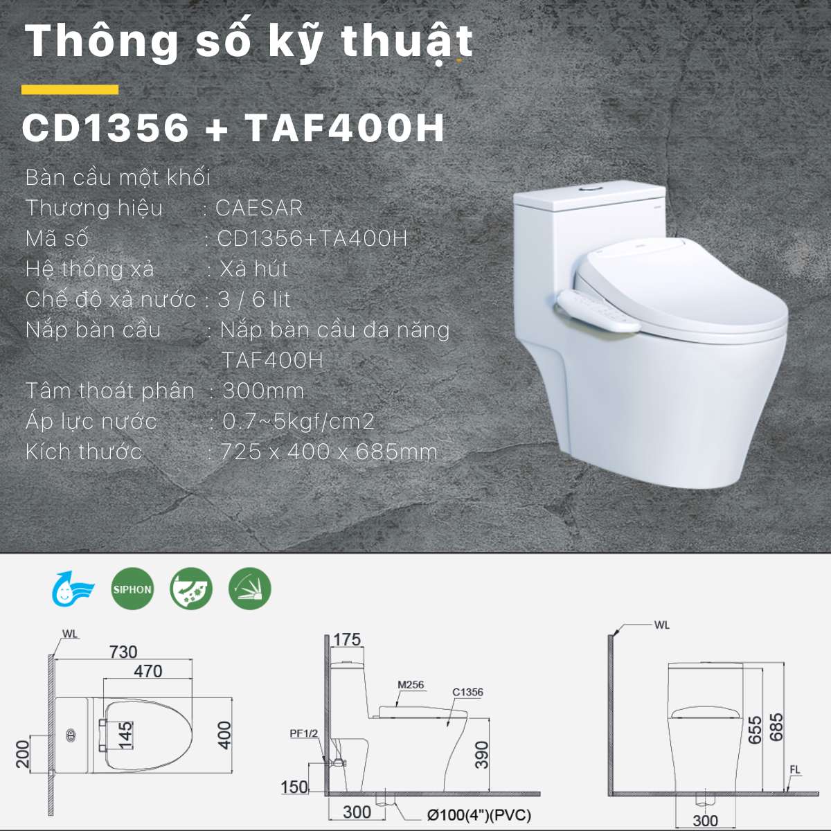 Bồn cầu 1 khối CAESAR CD1356 kèm nắp TAF400H - 7