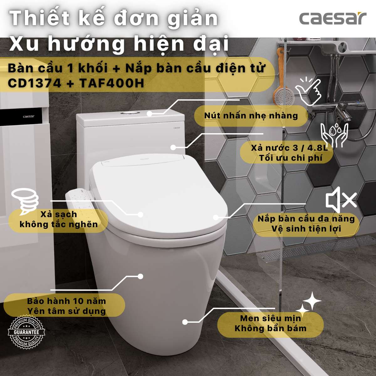 Bồn cầu 1 khối nắp điện tử Caesar C1374F + TAF400H (CD1374+TAF400H) CD1374+TAF400H - 2