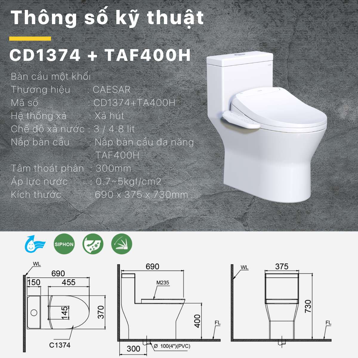 Bồn cầu 1 khối nắp điện tử Caesar C1374F + TAF400H (CD1374+TAF400H) CD1374+TAF400H - 6