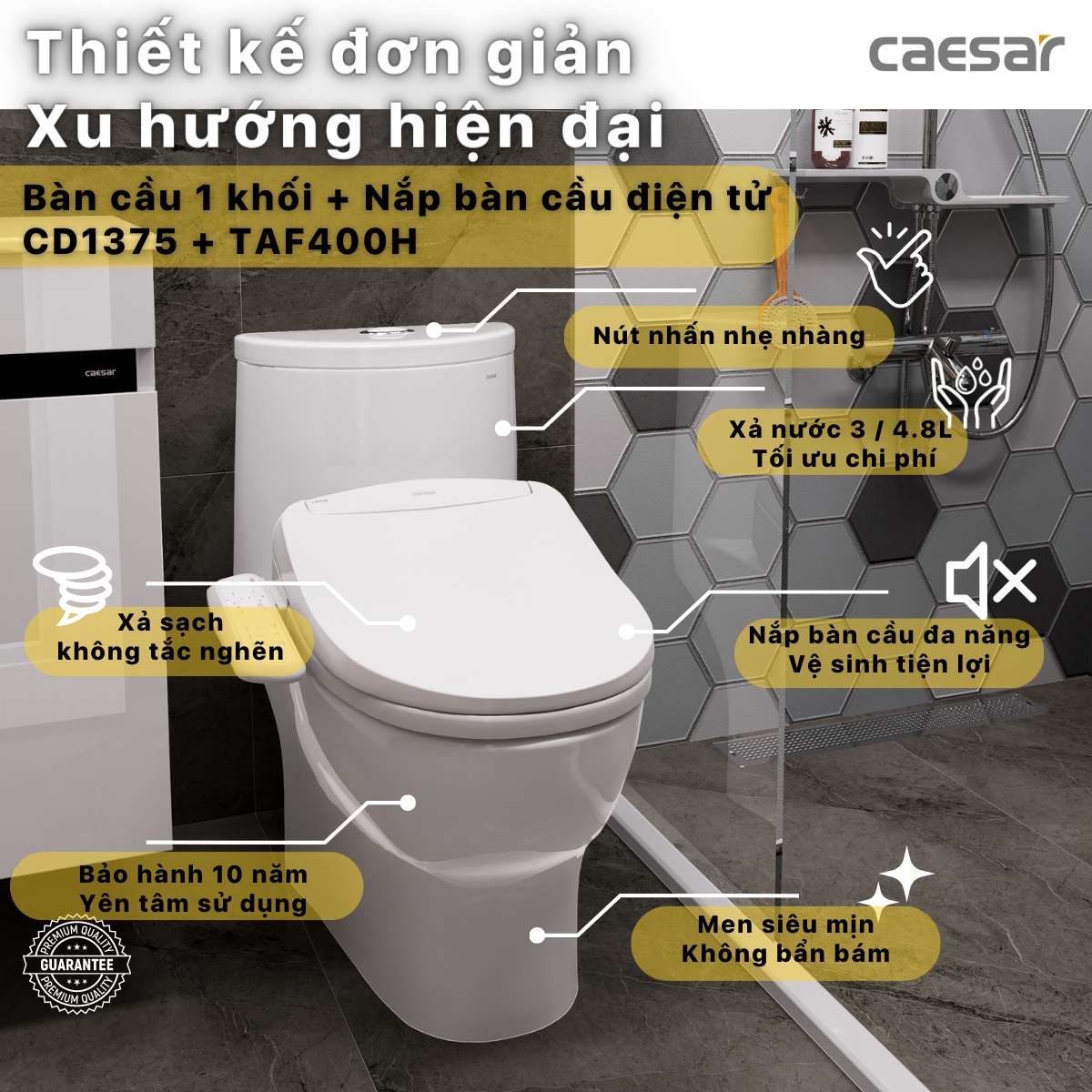 Bồn cầu 1 khối nắp điện tử Caesar C1375F + TAF400H (CD1375+TAF400H) CD1375+TAF400H - 2