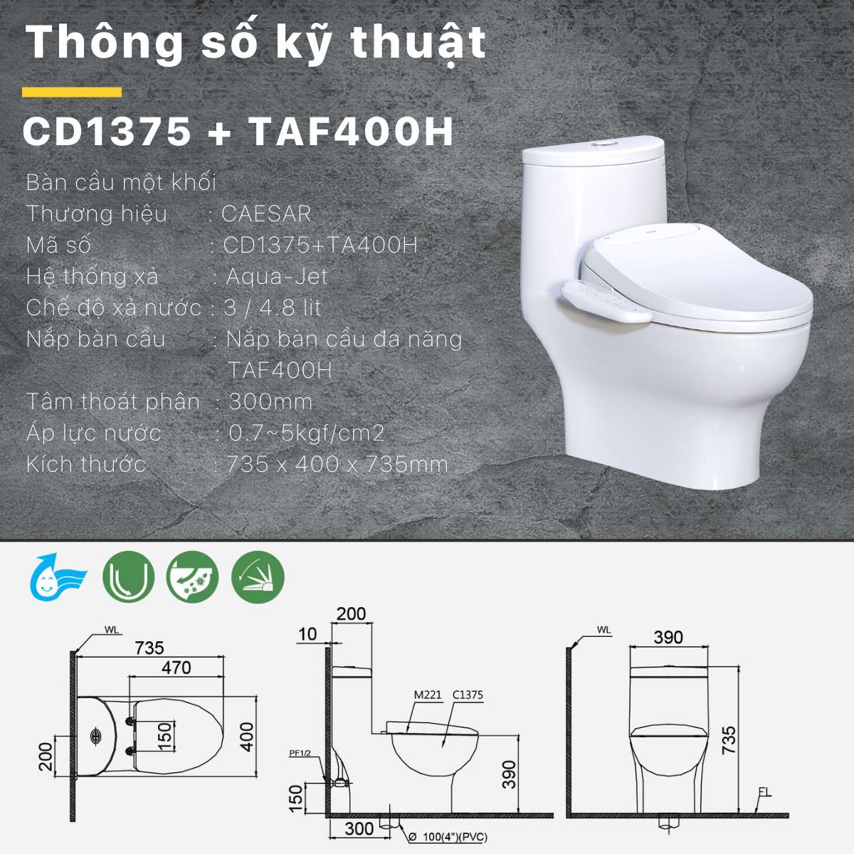 Bồn cầu 1 khối nắp điện tử Caesar C1375F + TAF400H (CD1375+TAF400H) CD1375+TAF400H - 6