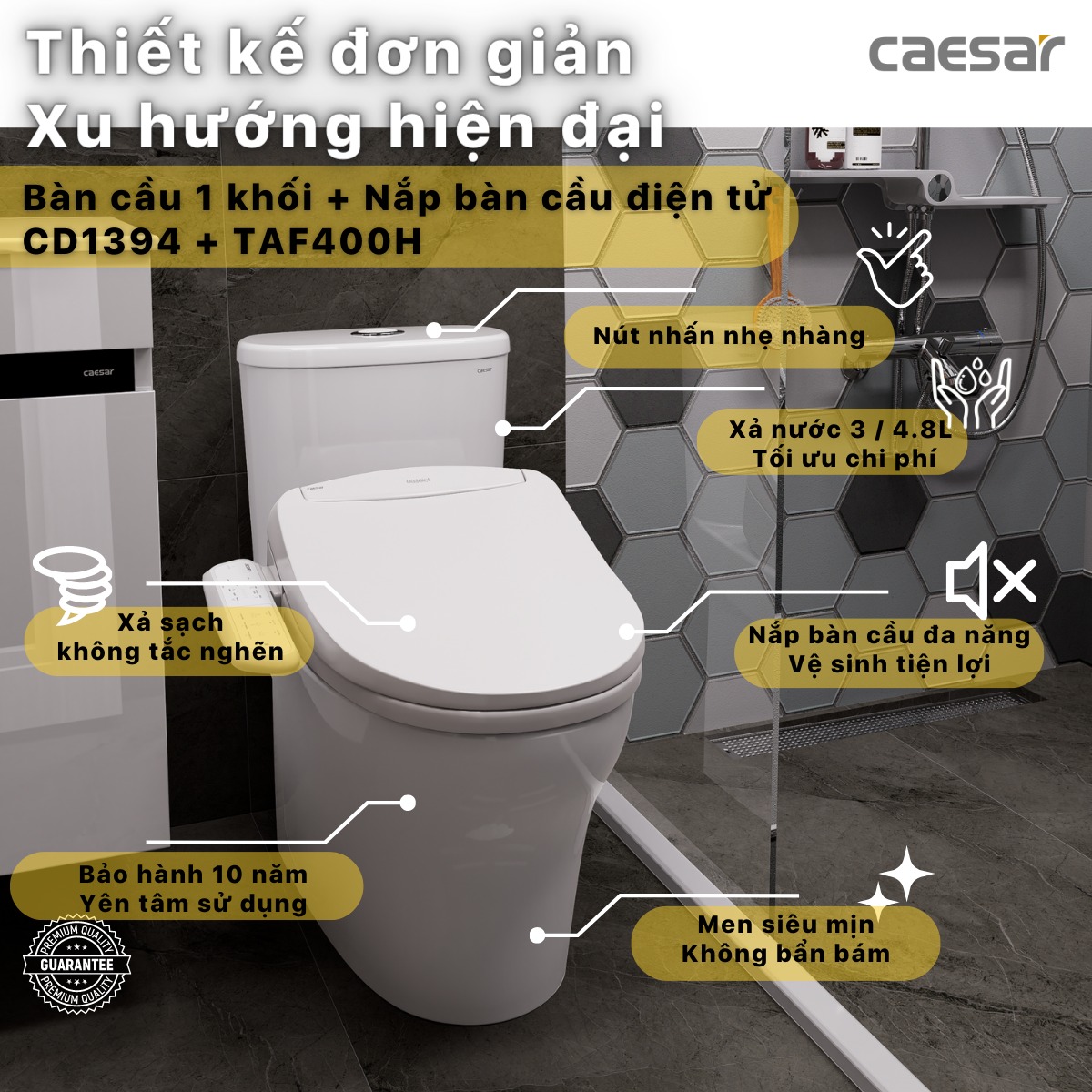 Bồn cầu 1 khối nắp điện tử Caesar C1394F + TAF400H (CD1394+TAF400H) CD1394+TAF400H - 2