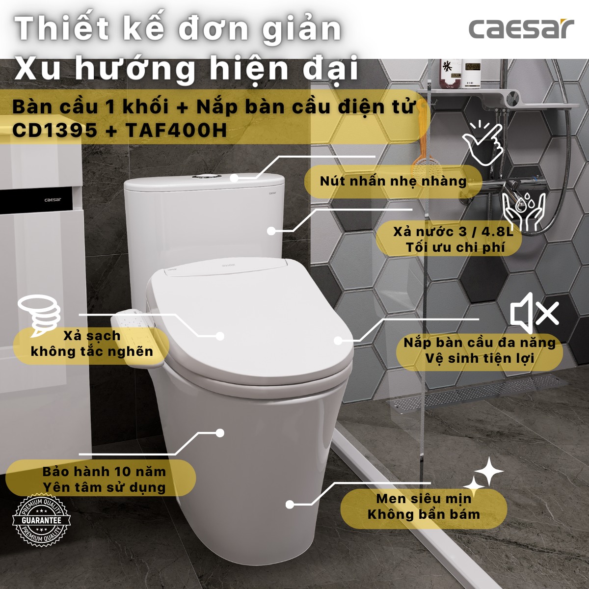 Bồn cầu 1 khối nắp điện tử Caesar C1395F + TAF400H (CD1395+TAF400H) CD1395+TAF400H - 2
