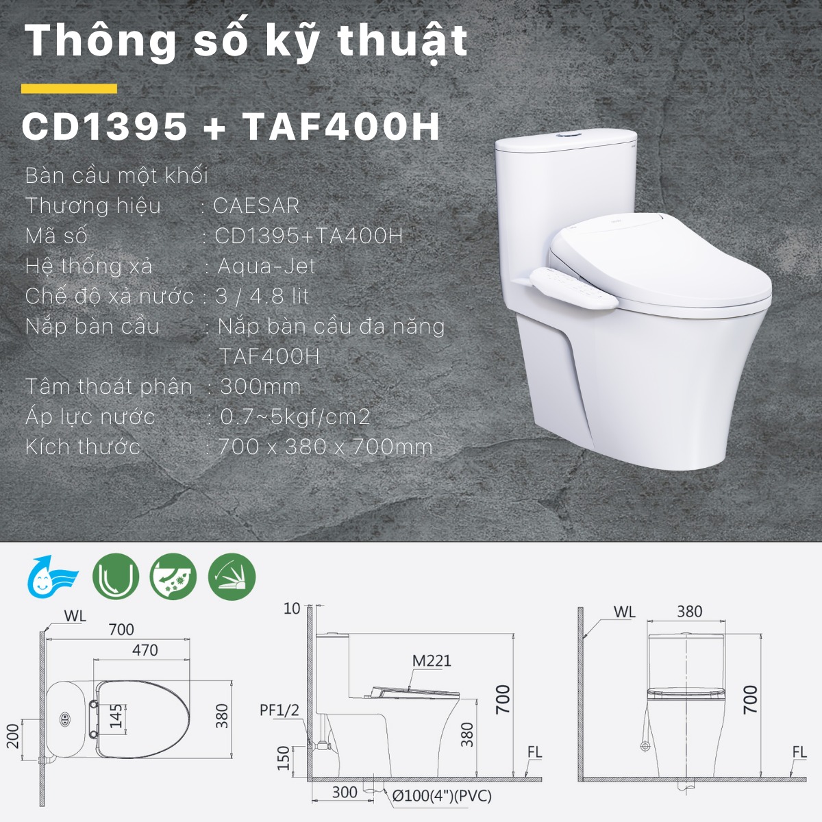 Bồn cầu 1 khối nắp điện tử Caesar C1395F + TAF400H (CD1395+TAF400H) CD1395+TAF400H - 5
