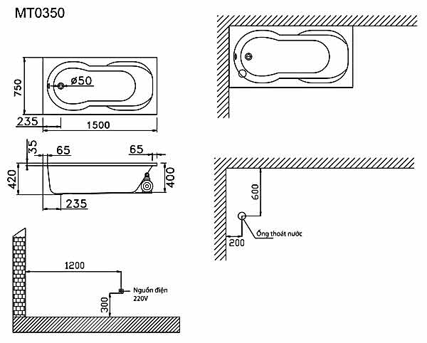 Bồn tắm chân yếm 1m5 massage Caesar MT0350L(R) - 5