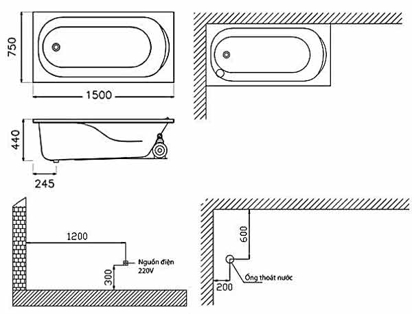 Bồn tắm chân yếm 1m5 massage Caesar MT0150L(R) - 5