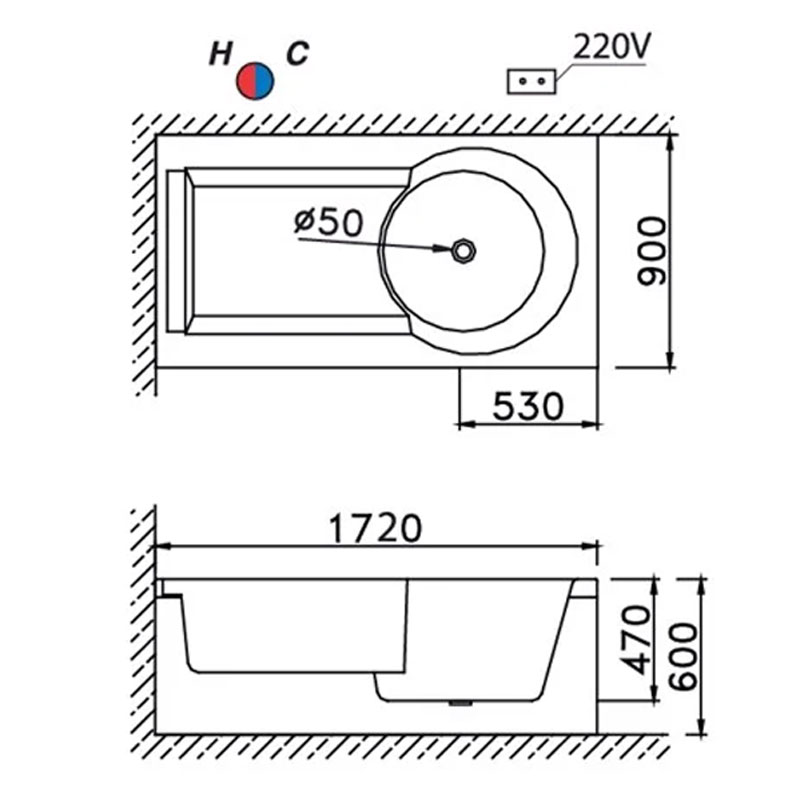 Bồn tắm chân yếm 1m7 massage hơi Caesar MT211L(R) - 5