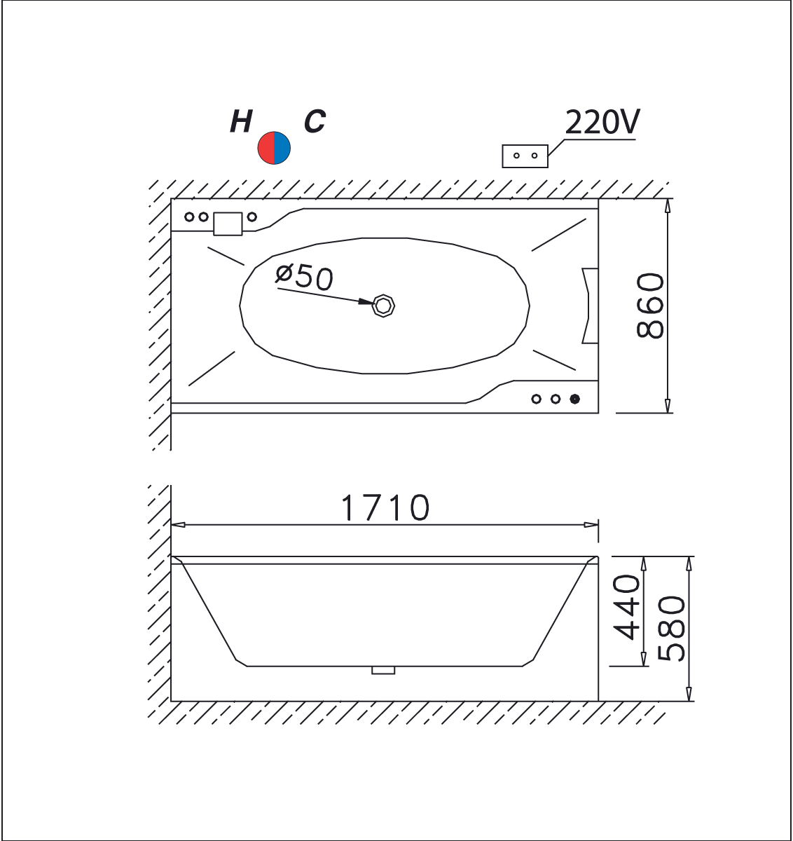 Bồn tắm chân yếm 1m7 massage hơi Caesar MT3370L(R)S - 4