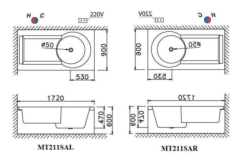 Bồn tắm xây 1m7 massage hơi Caesar MT211L(R)AS - 2