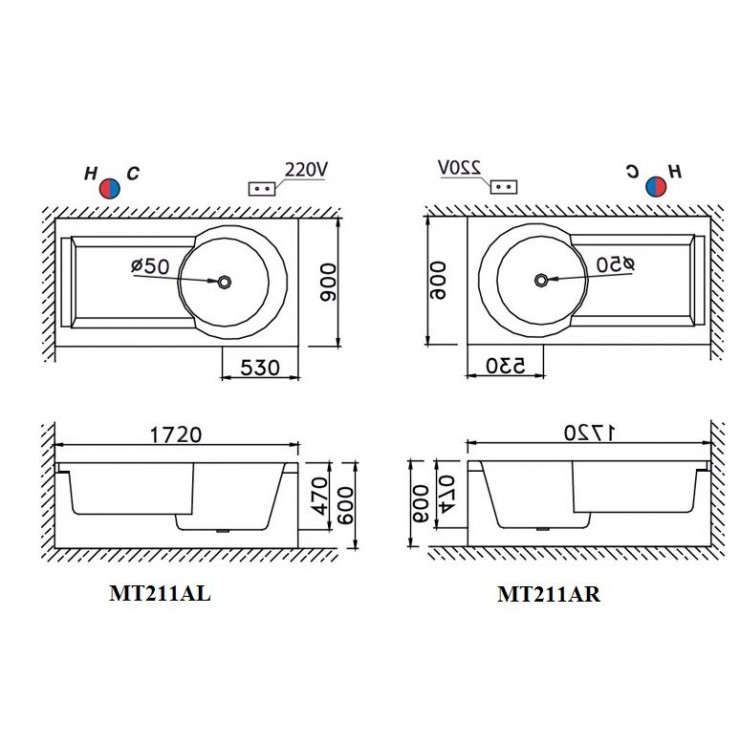 Bồn tắm xây 1m7 massage Caesar MT211L(R)A - 2