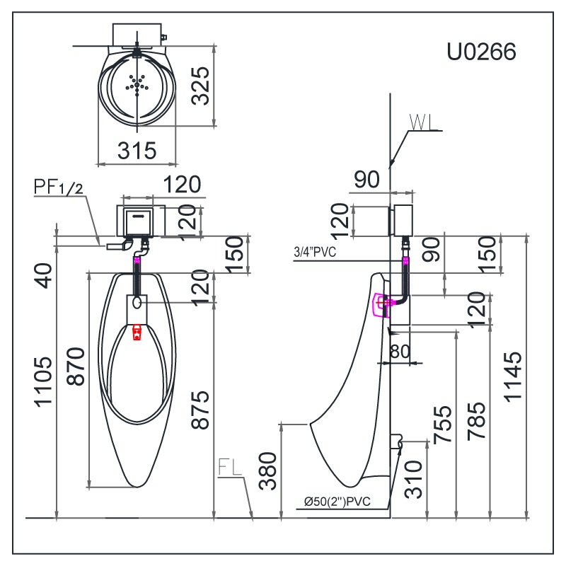 Bồn tiểu nam treo tường Caesar U0266 U0266 - 4