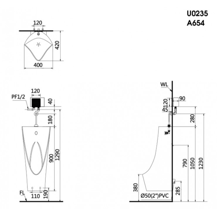Bồn tiểu nam treo tường thoát ngang Caesar U0235 U0235 - 2