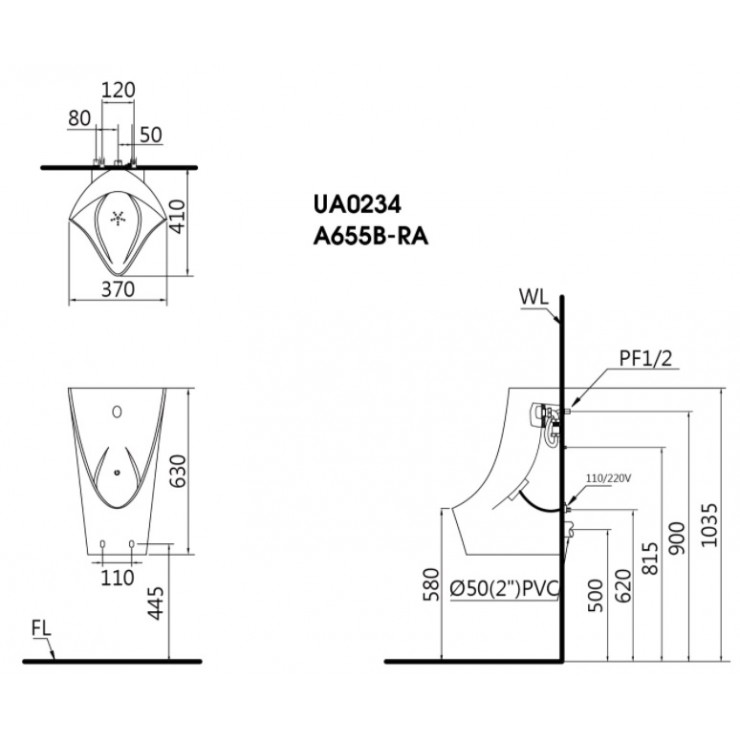 Bồn tiểu nam treo tường cảm ứng thoát ngang Caesar UA0234 UA0234 - 2