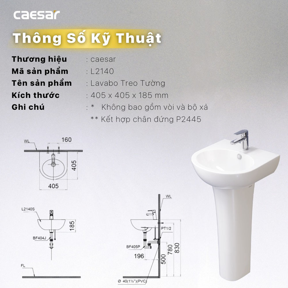 Chậu rửa lavabo treo tường chân dài Caesar L2140+P2445 L2140+P2445 - 2