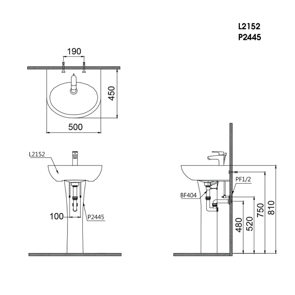 Chậu rửa lavabo treo tường chân dài Caesar L2152+P2445 L2152+P2445 - 2